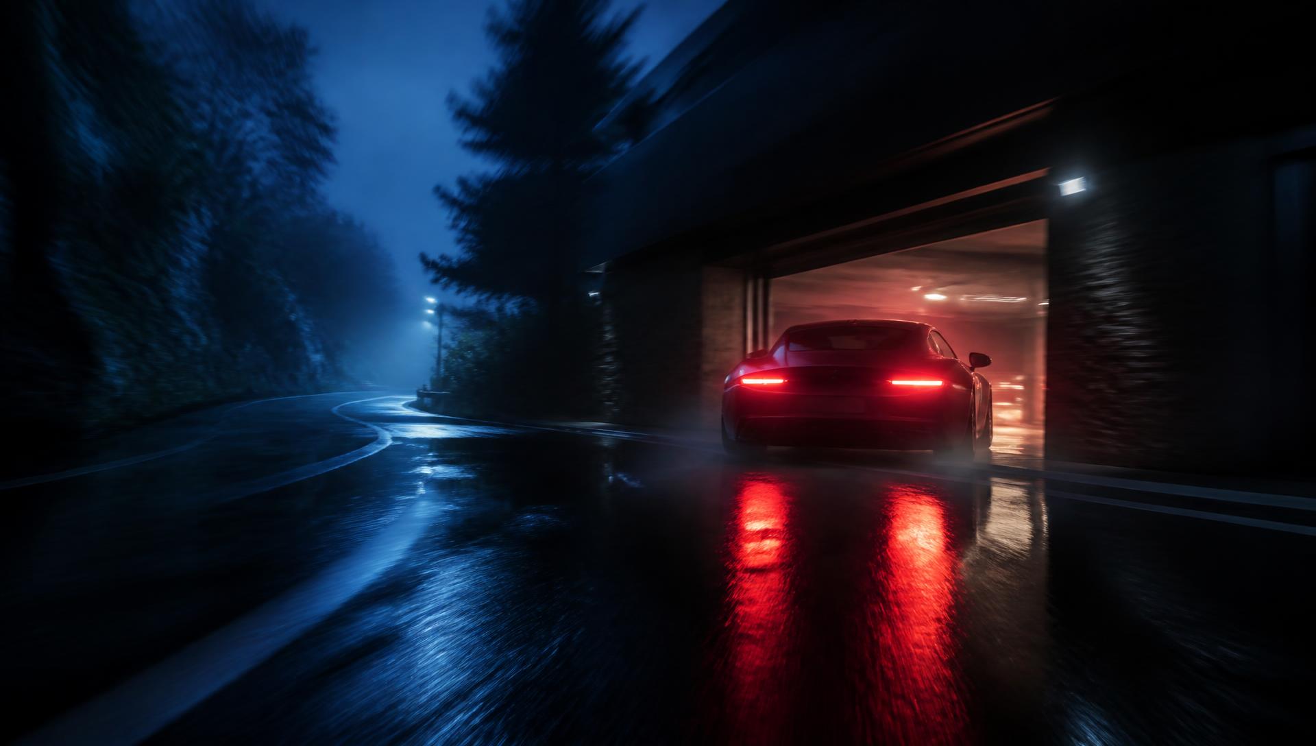 Car leaving a service bay onto a rain-slicked road at night